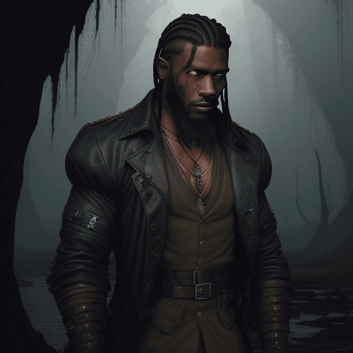 AI generated: A black man, with short fade and line in hair, in a torn, government issued, blood stained trench co...