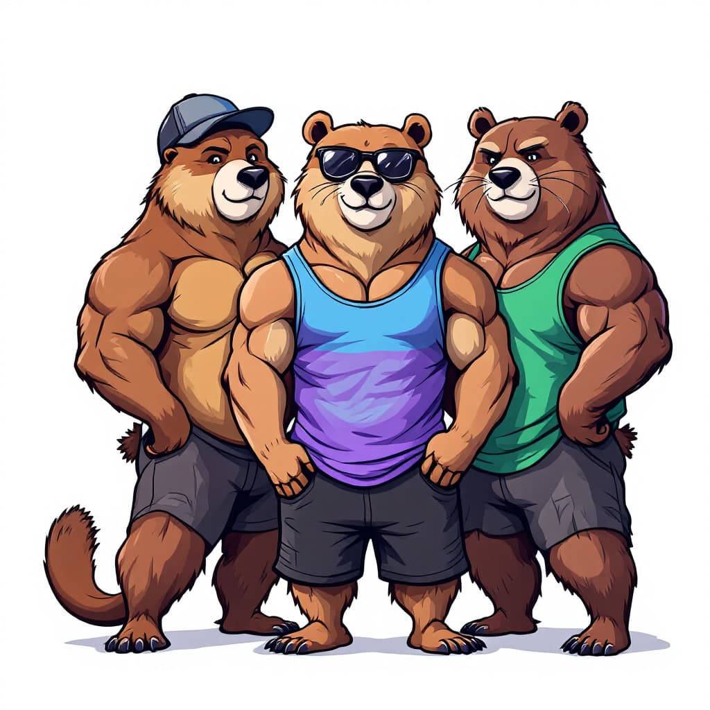 AI generated: Cute Cartoon. Full body shot. White background. 2 male muscle bears and 1 country otter, middle bear...