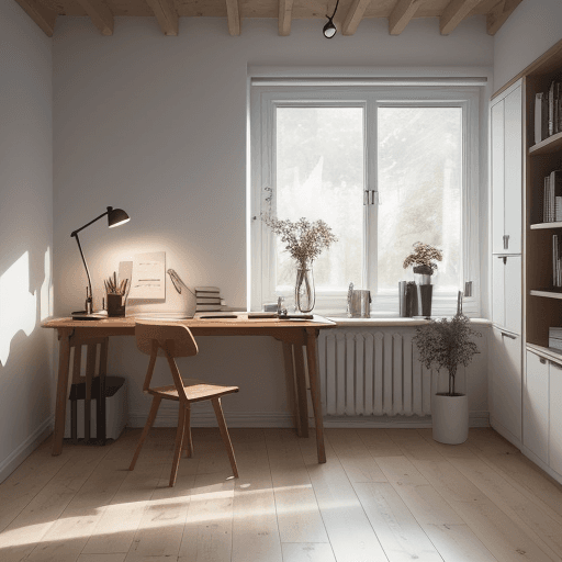 AI generated: A cozy Scandinavian home office, natural oak desk, ambient lighting from a floor-to-ceiling window, ...