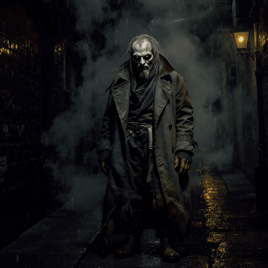AI generated: Dirty and sinister street character inspired by 'Sweeney Todd: The Demon Barber of Fleet Street'. Ma...
