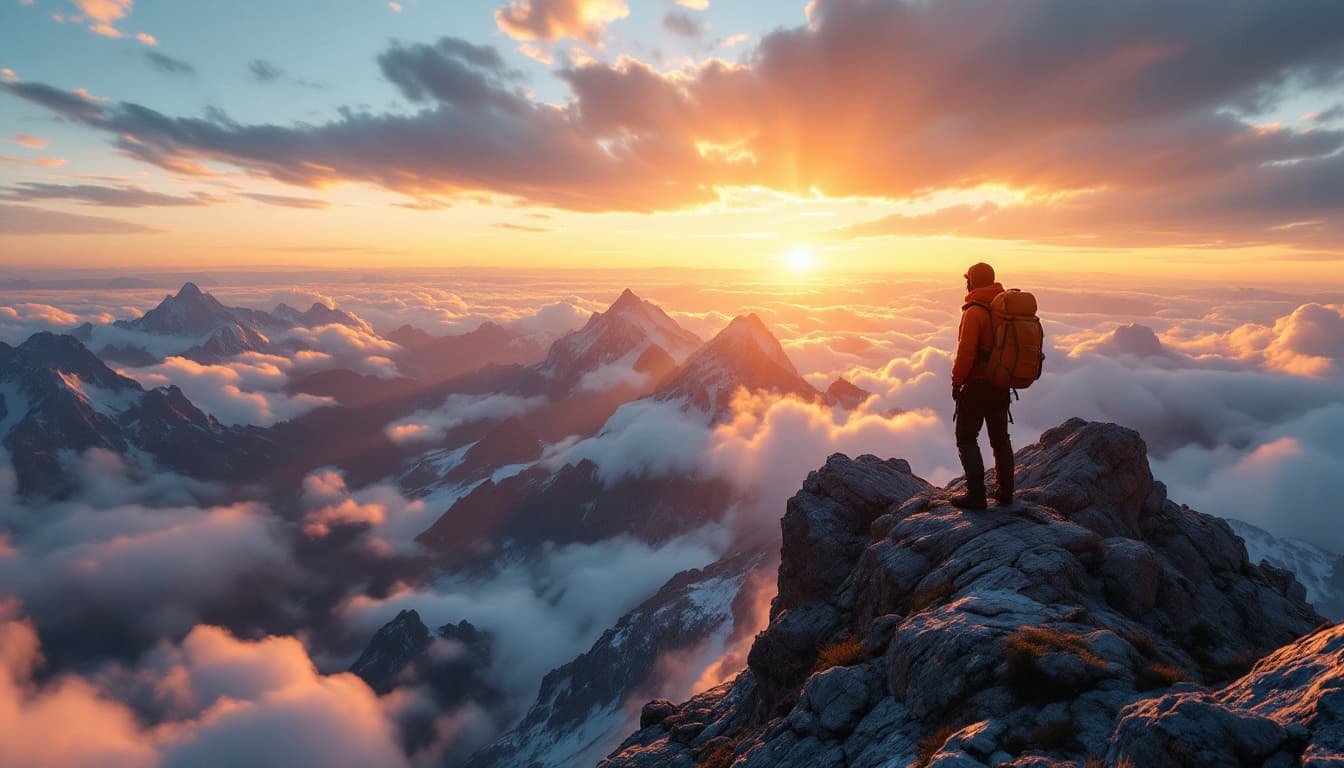 AI generated: A breathtaking wide shot of a climber standing triumphantly at the peak of a high mountain, gazing a...