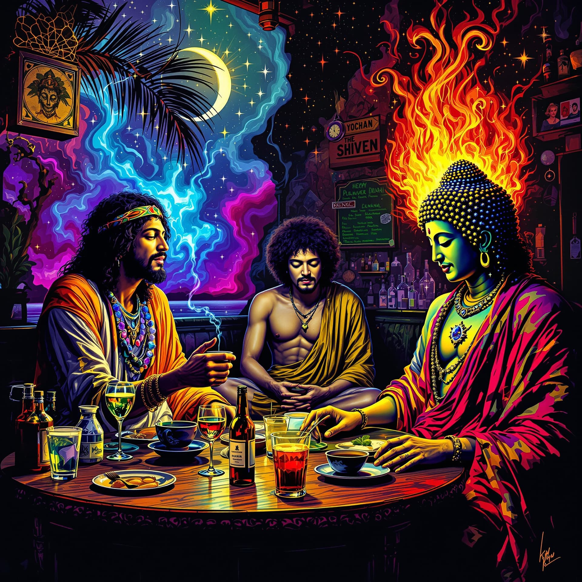 AI generated: surreal, trippy, psychedelic. Jesus, Jimmy Hendrix. and Buddha getting drunk in a cheap bar in the H...