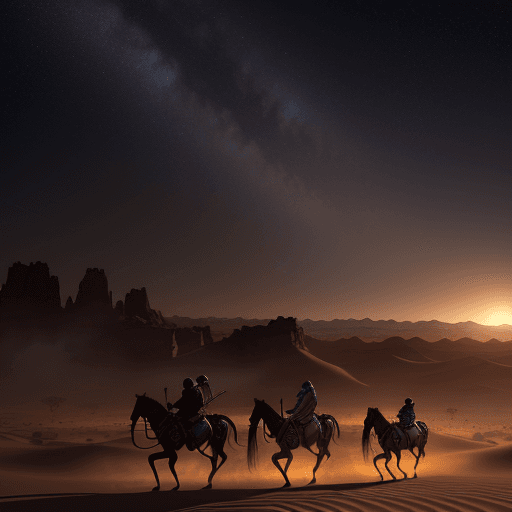 AI generated: epic shot the Three Wise Men riding their horses through the desert at night, following the Star of ...