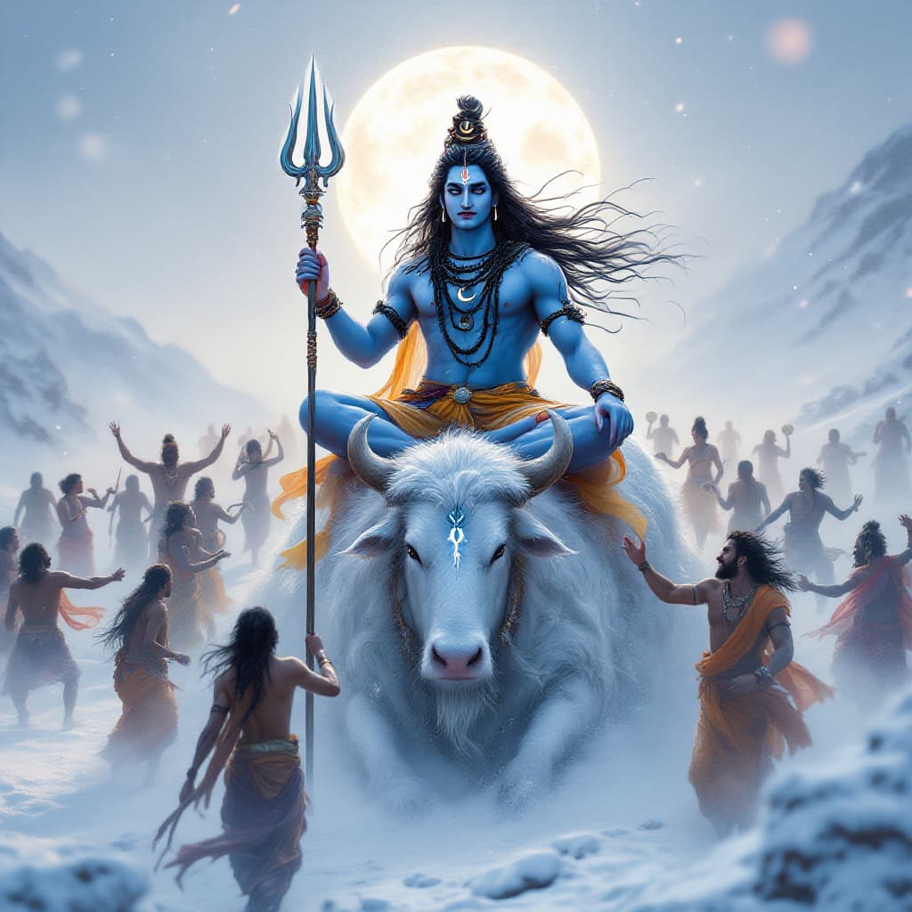 AI generated: 
Time : evening time 
Lord Shiva, in his majestic attire, is seated atop a standing Nandi, his divin...