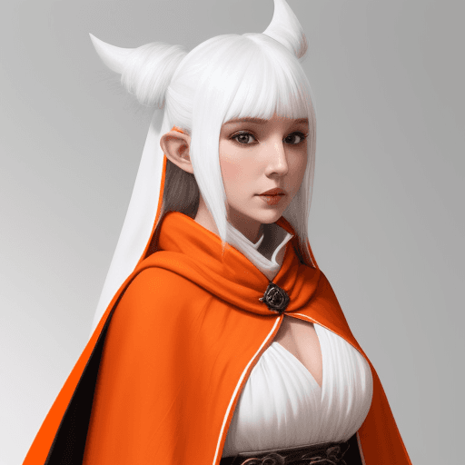 AI generated: D&D white harengon with black nose.  she is wearing and orange and white cloak

