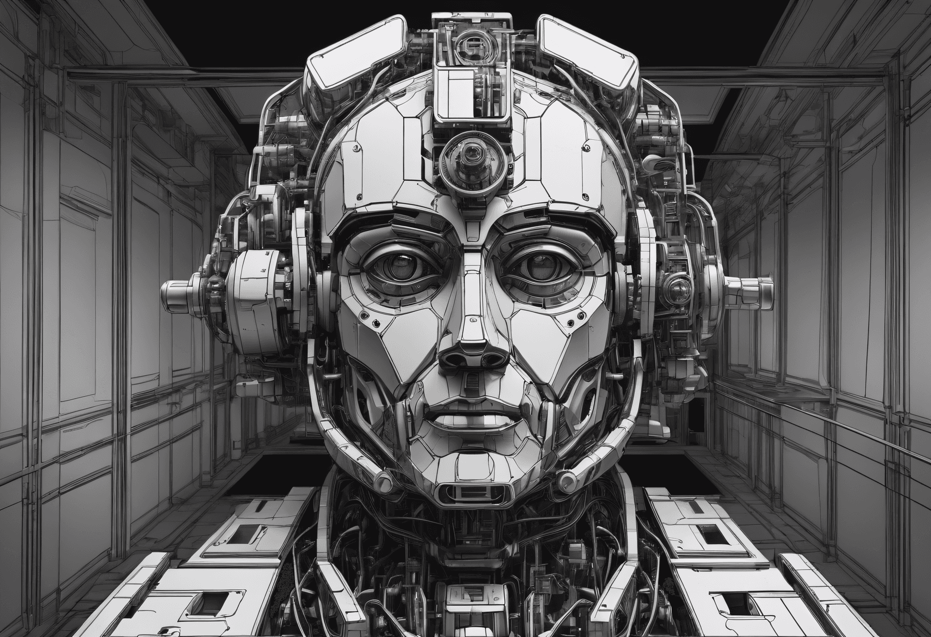 AI generated: Masterpiece, Best Quality, vector black outline of a thinking machine, cell shaded, extreme depth of...