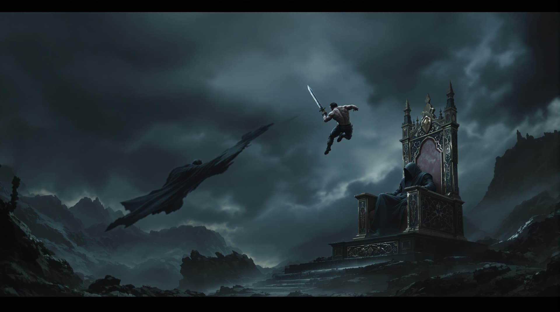 AI generated: The image depicts a dramatic scene set in a stark, almost cinematic landscape. A muscular figure, po...