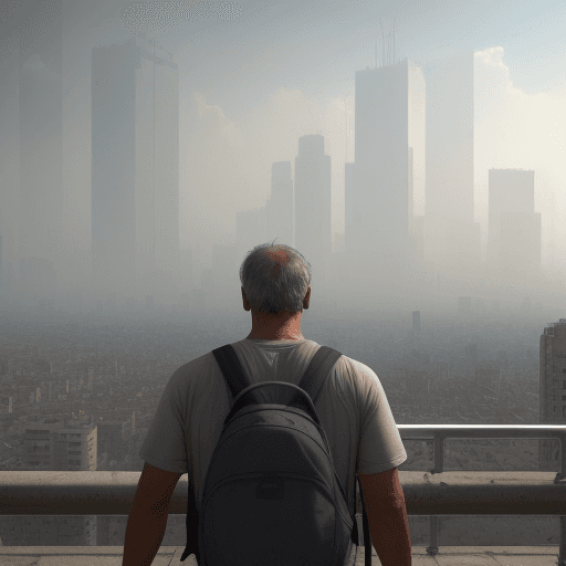 AI generated: Image of a city covered by a pollution haze. Wide angle. Summer atmosphere, in the foreground a man ...
