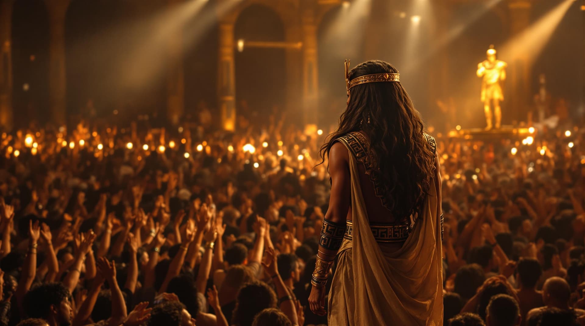 AI generated: You are standing on a scene during a rock concert, wathing the audience, all ar dressed in ancient p...