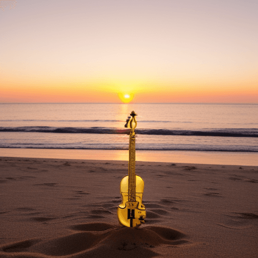 AI generated: The scene features a calm, sunny beach during a vibrant sunset with hues of orange, gold, and pink. ...