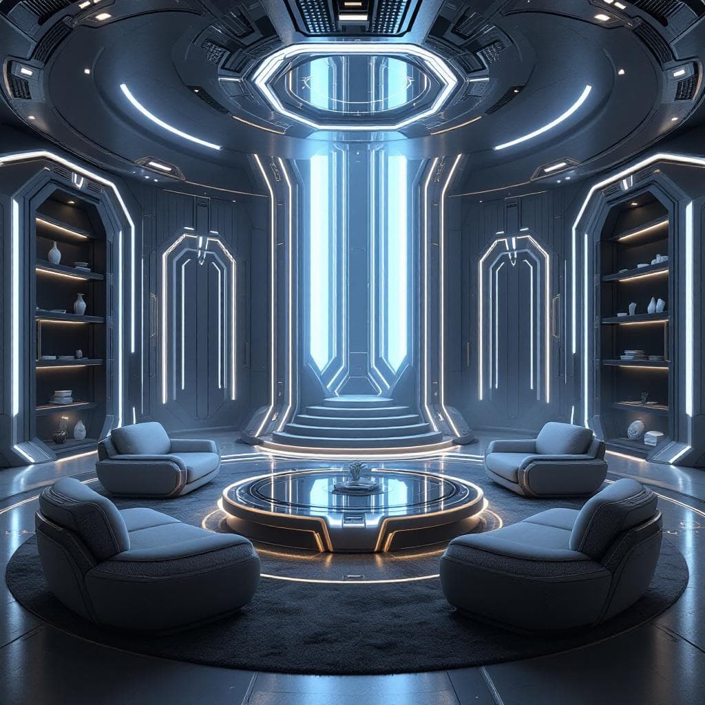 AI generated: A Futuristic Galactic Senate Chamber of height of influence, wealth, and power. 

Give background, c...