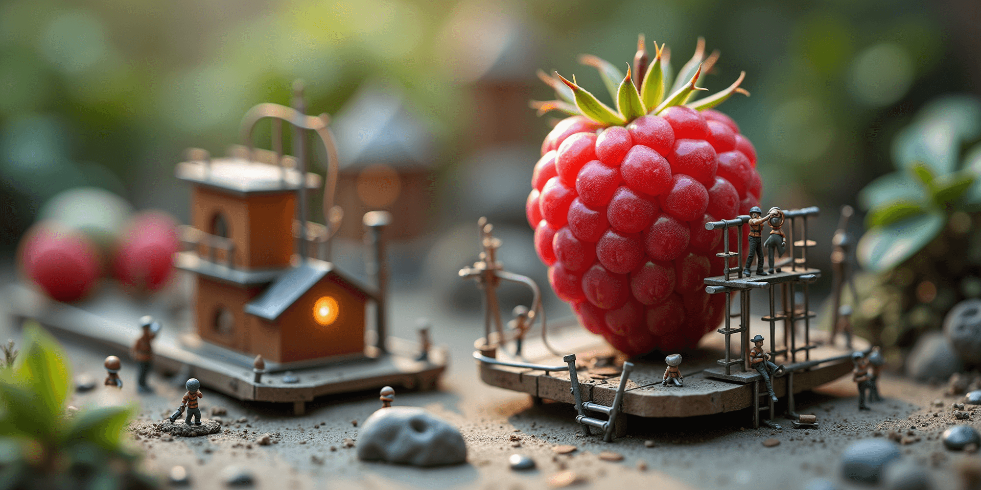 AI generated: A highly detailed diorama of a futuristic miniature world powered by a realistic raspberry battery. ...