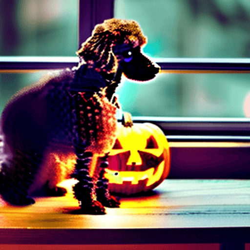 AI generated: It is Halloween night. A brown female poodle is waiting her owners standing on a wooden table close ...
