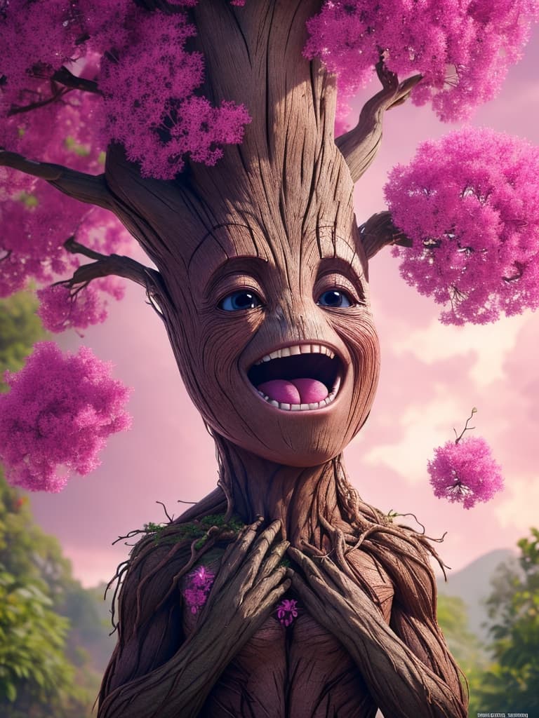 AI generated: the happy groot, pink, marvel,nature background, beautiful, cinematic, hper detalic, 8k