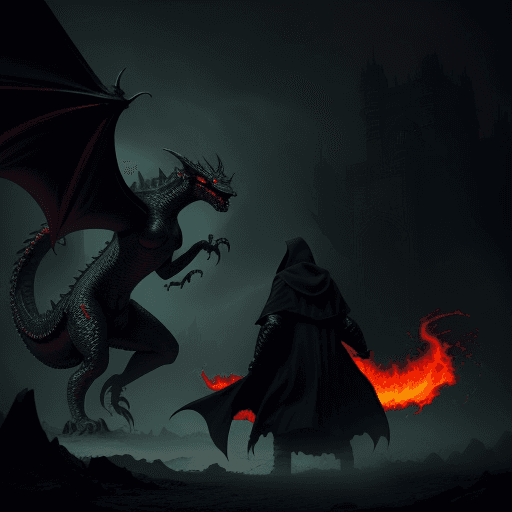 AI generated: Retro Dark Fantasy Gothic Style with grainy background, Hooded Cloak Figure battles an evil dragon, ...