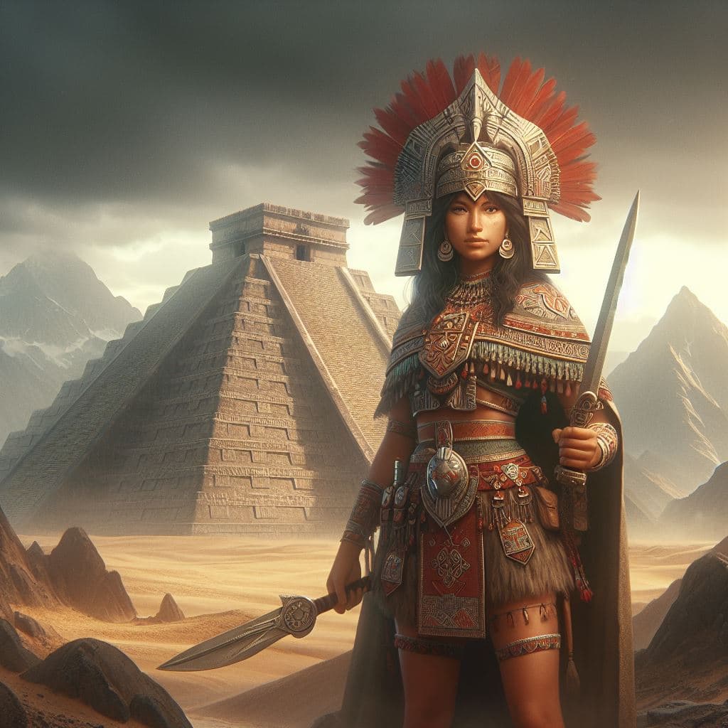 AI generated: a Inca warrior standing in front of a pyramid with a sword in her hand and a headdress on her head,...