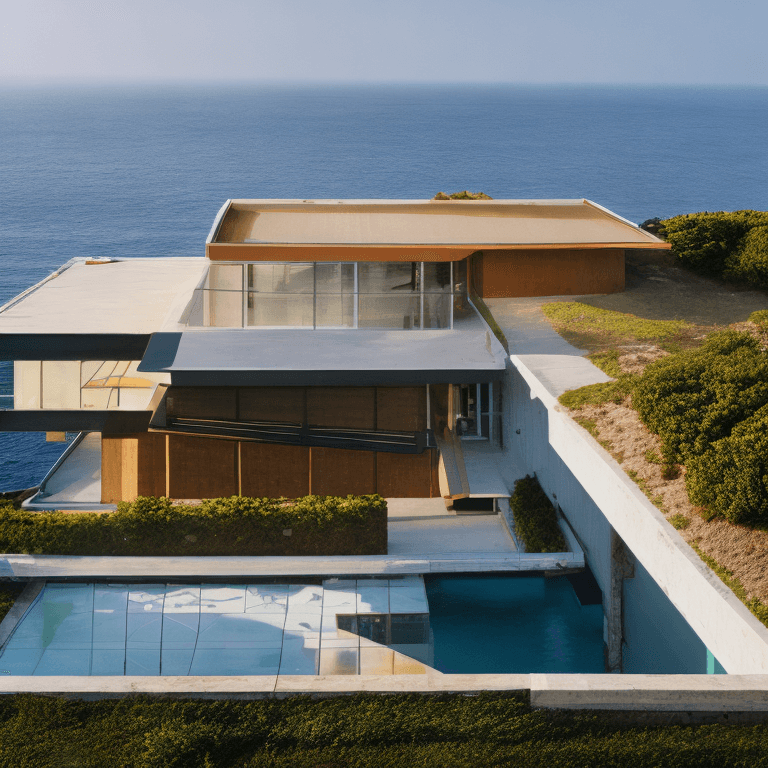 AI generated: Hyper realistic eye level exterior photo of a mid century modern style house overlooking the ocean, ...