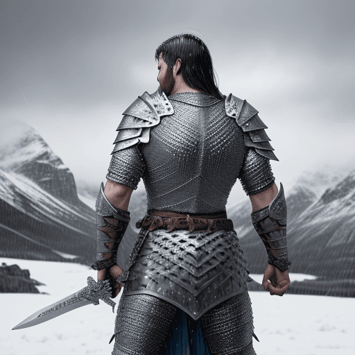 AI generated: Warrior man in chain mail armor wielding a sword, snowy mountainous background. He is a warrior faci...