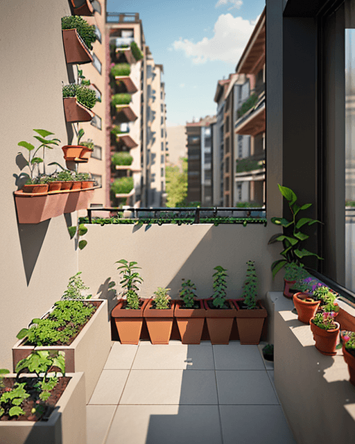 AI generated: small garden with planting pots on the balcony of a modern C-shaped apartment building with brick fi...