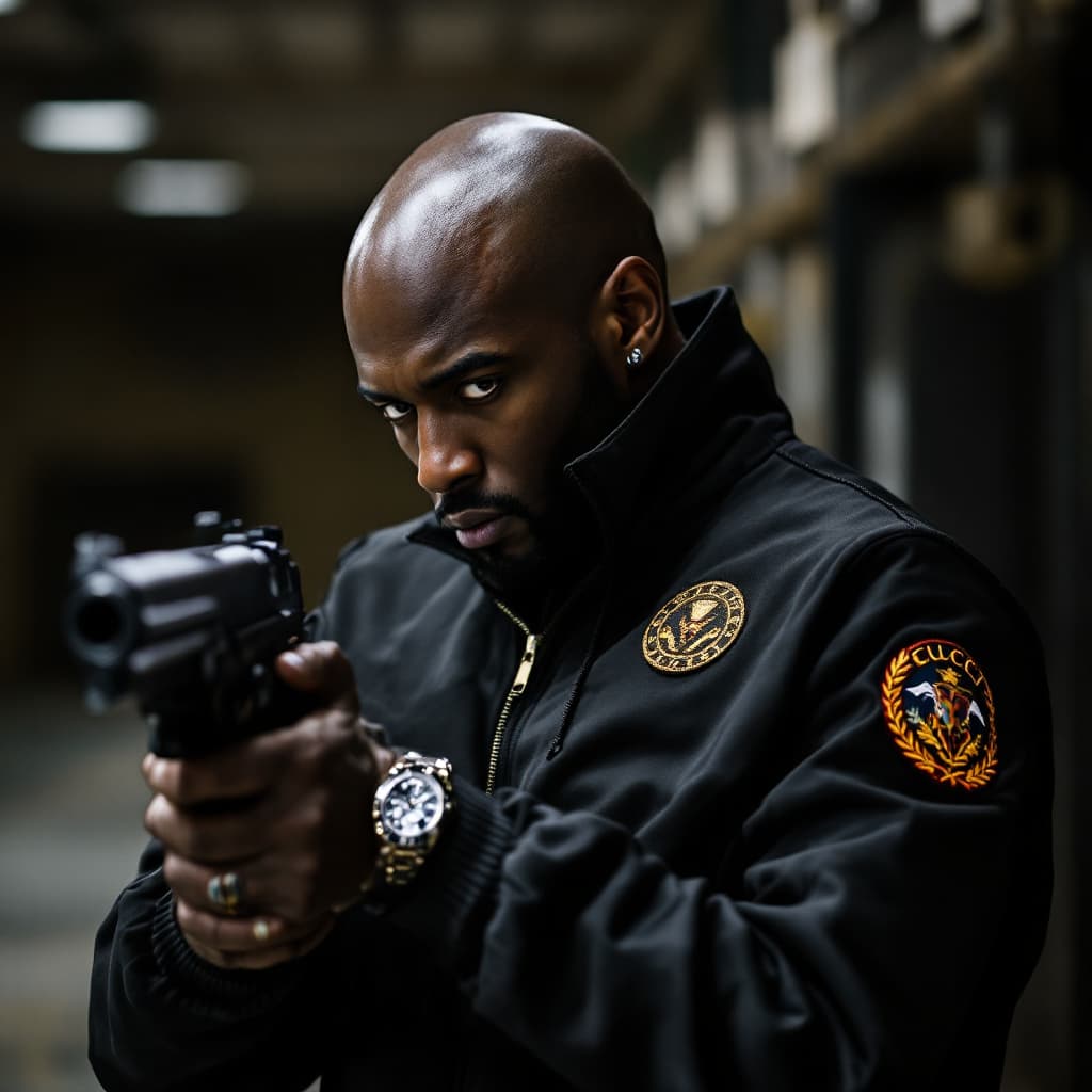 AI generated: black male  with bald head federal agent undercover dressed very well in Gucci designer tracksuit an...