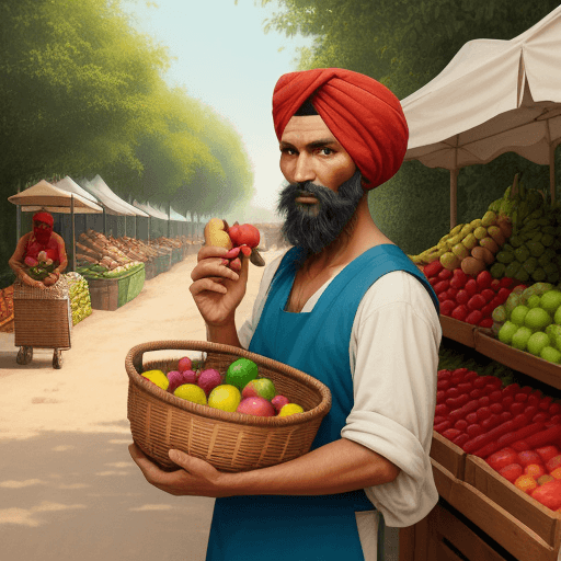 AI generated: traditional farmer market, fruit seller, side road and three trees, man with turban selling vegetabl...