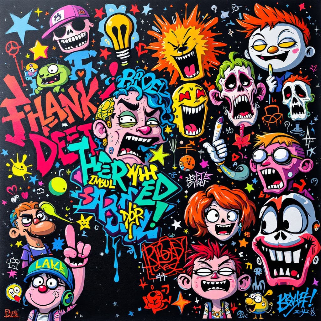 AI generated: An intricate graffiti-style poster featuring various elements, such as cartoon characters, symbols o...