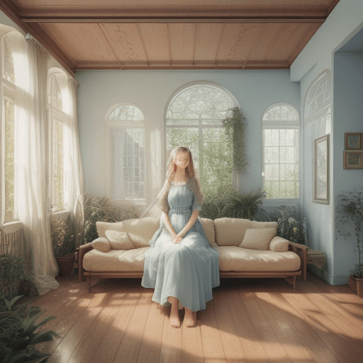 AI generated: High resolution photography of a woman in a flowy dress in a dreamy sunken living room conversation ...