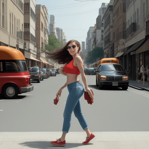 AI generated: 12K, HRD, film grain, 100 ASA, The image features a woman walking down a city street, wearing a red ...