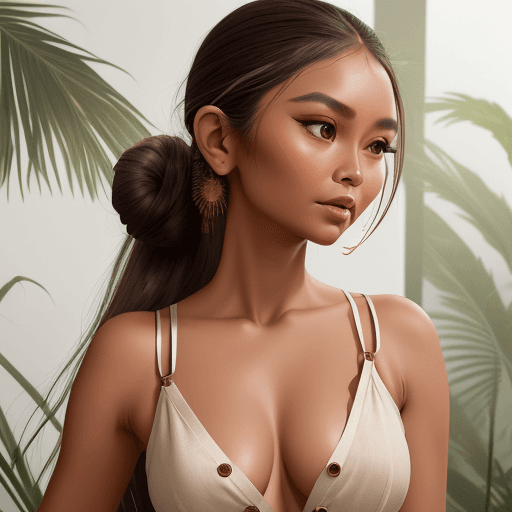 AI generated: A Indonesian Balinese woman, flat rounded nose oval-shaped face deep dark almond-shaped eyes long ey...