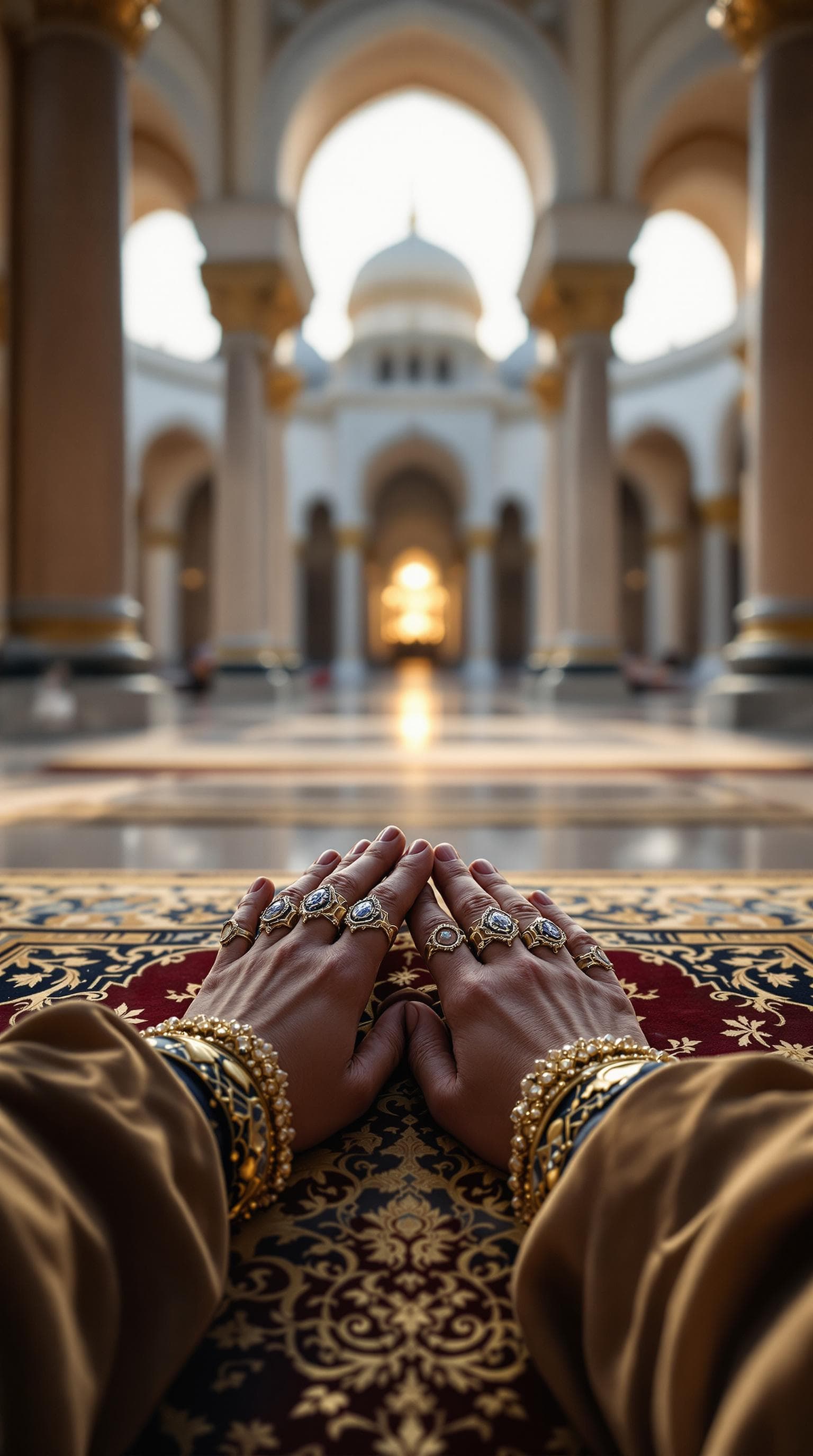 AI generated: First person POV, the Sultan’s hands, adorned with intricate Ottoman rings, are positioned on the or...