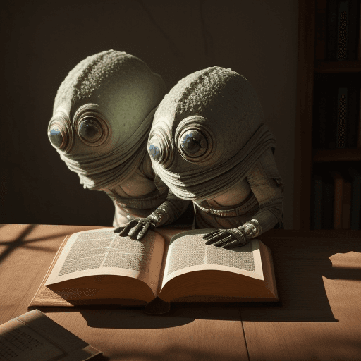 AI generated: A photo of two bacterias belonging to different microbial guilds with eyes reading a book, atmospher...