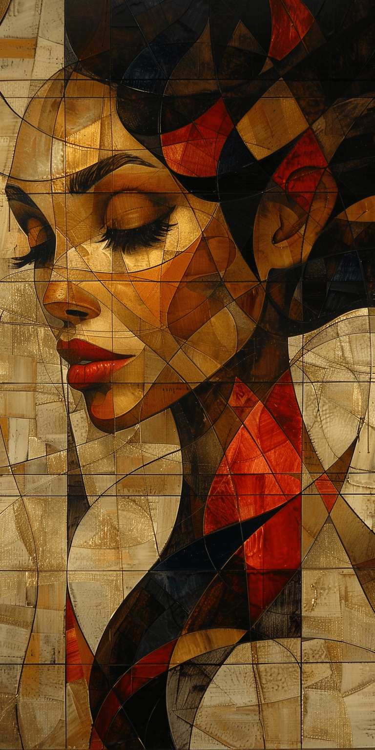 AI generated: oil painting of a beautiful woman, in the style of geometric shapes and lines, abstract, brown, blac...