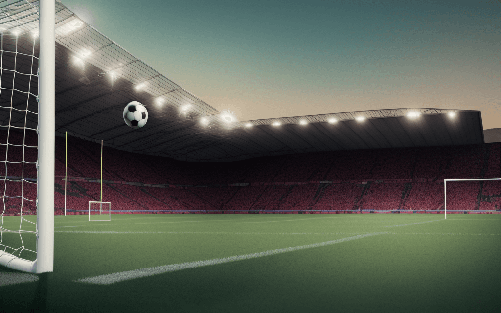 AI generated: A football ground showing a man's boot over a ball aiming at the goal post,the photo should have a s...