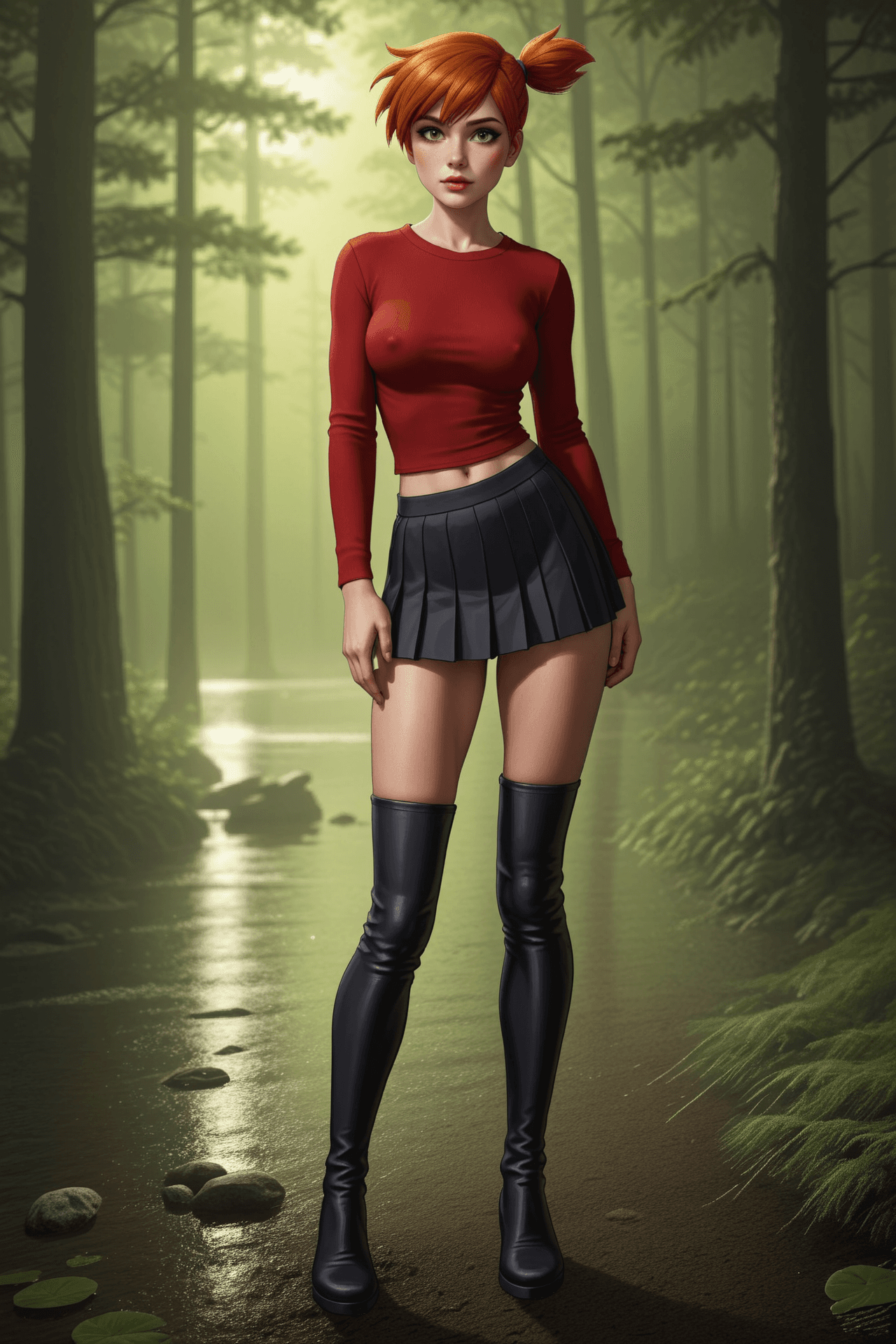 AI generated: misty in a red blouse and pleated skirt in the forest
