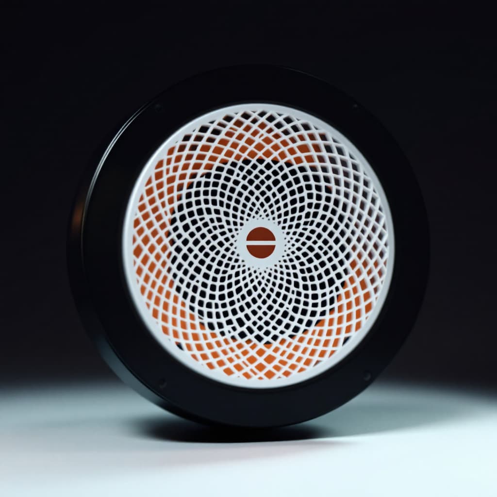 AI generated: A 2-inch circular speaker cover with a unique and intricate grill design. The grill pattern should b...