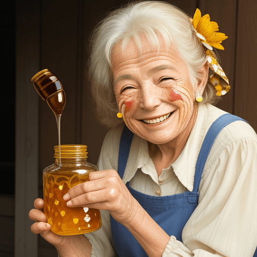 AI generated: Photograph of old women, smiling, putting a bit of honey on her face