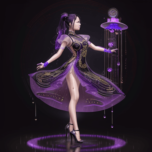 AI generated: A Taiwanese beauty made of black gold fluorescent machinery, wearing a purple thin-strap ancient sty...