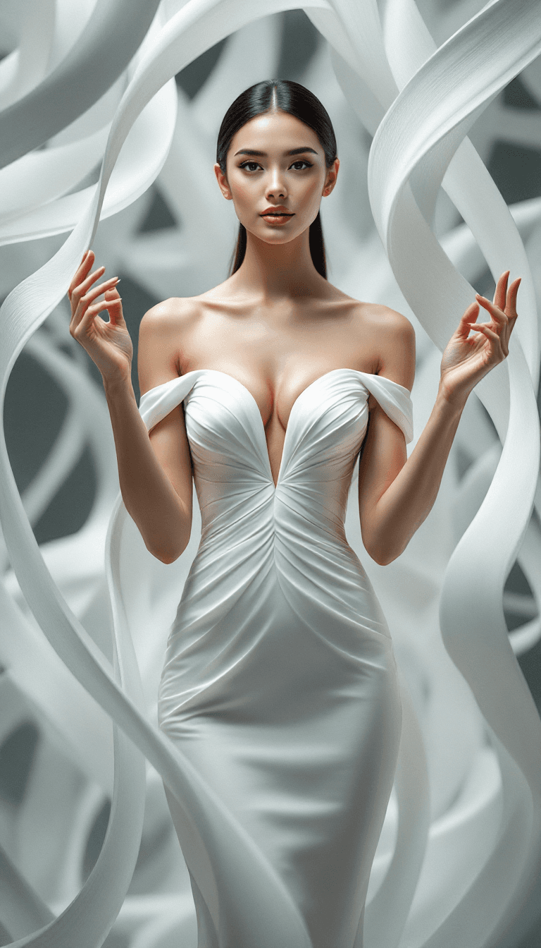 AI generated: The image features a woman standing confidently with both hands lightly touching the swirling, ribbo...