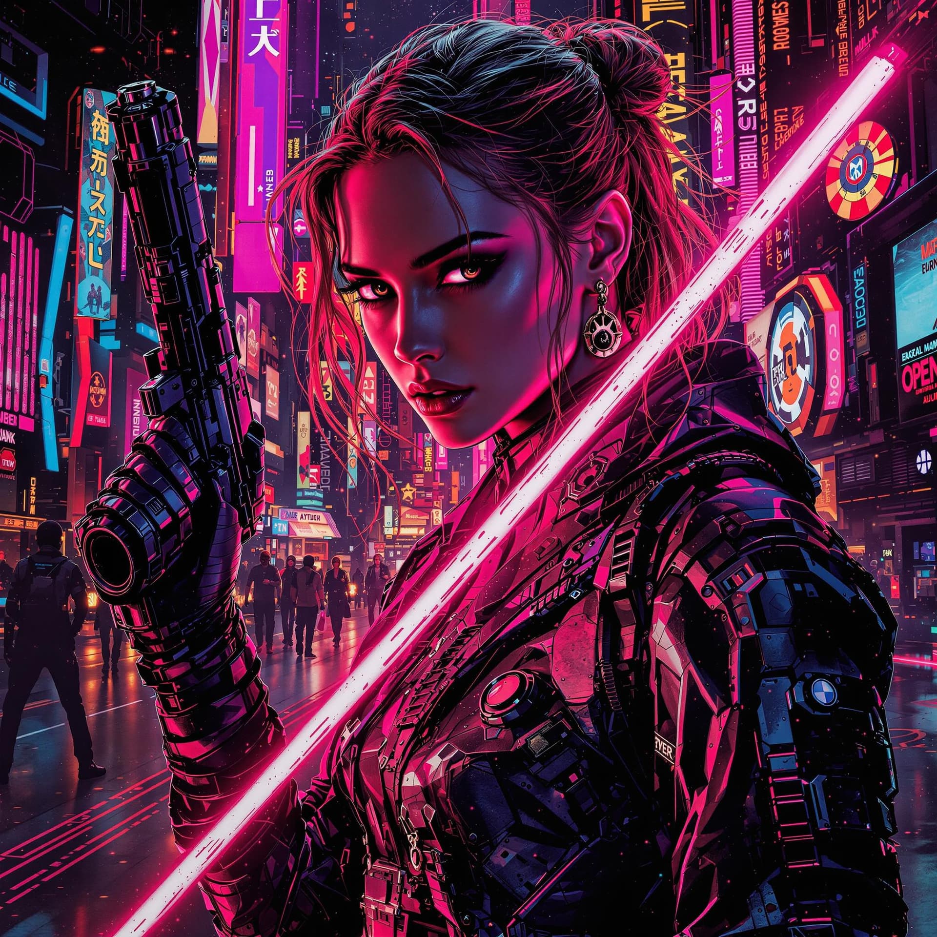 AI generated: legandary star wars movie poster in the style of cyberpunk, featuring hot leah