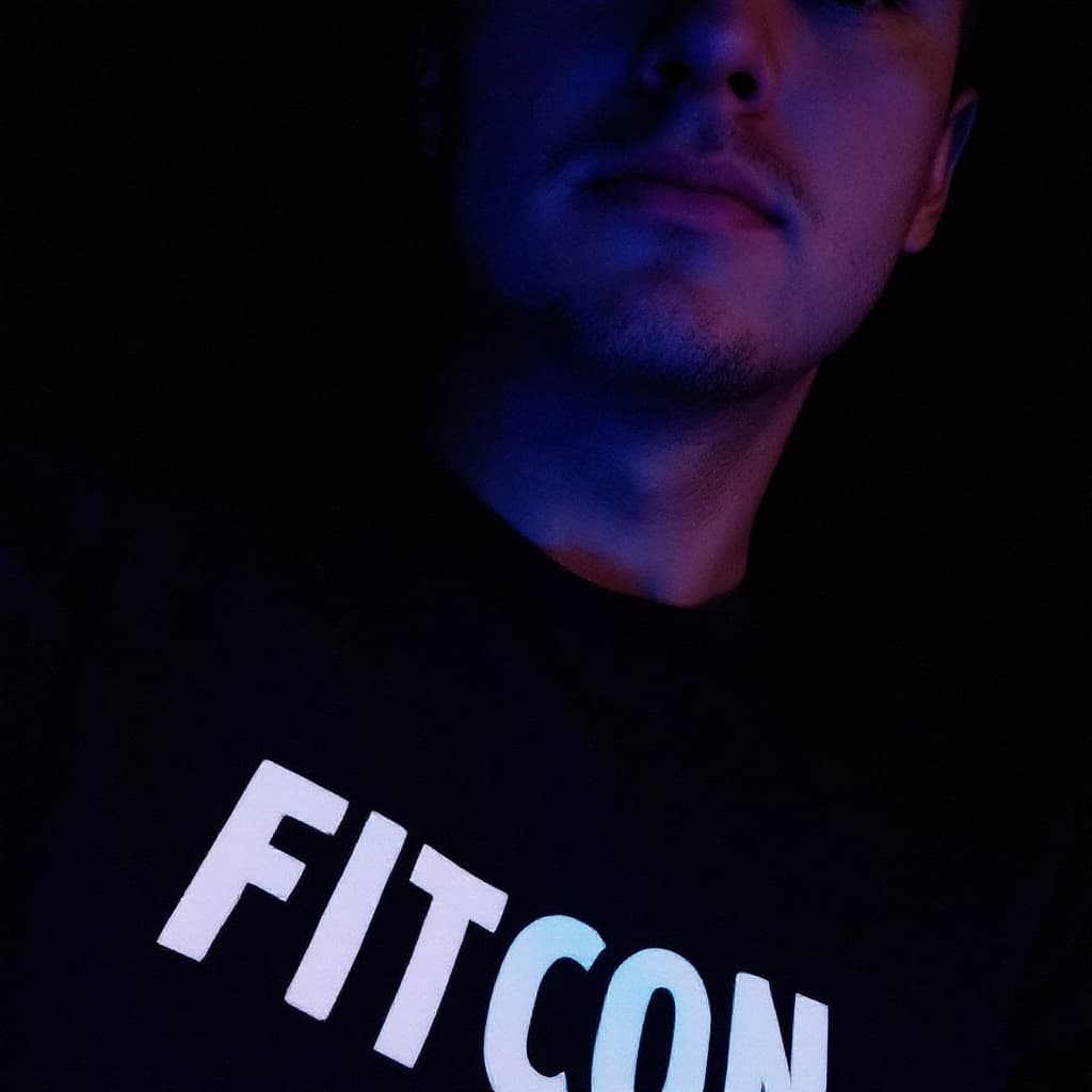 AI generated: The image shows a person wearing a black T-shirt with the word \"FITCON\" printed on it. The backgro...