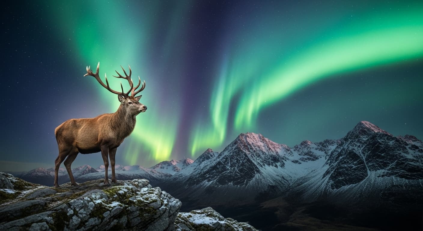 AI generated: A majestic stag stands proudly on a rocky outcrop overlooking a vast mountain range bathed in the et...