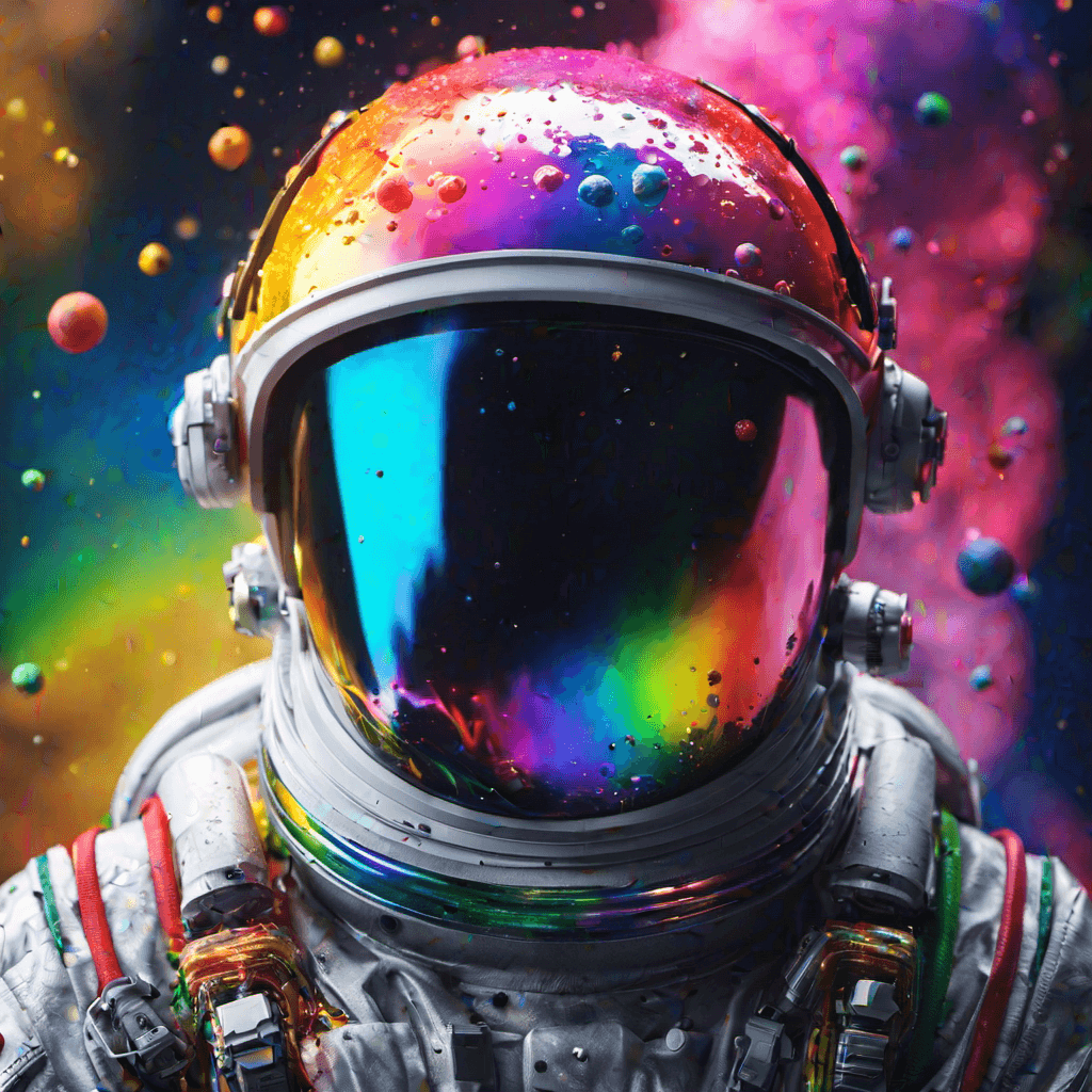 AI generated: perfectly centered portrait detailed astronaut with rainbow colored slime explosion helmets, anatomi...
