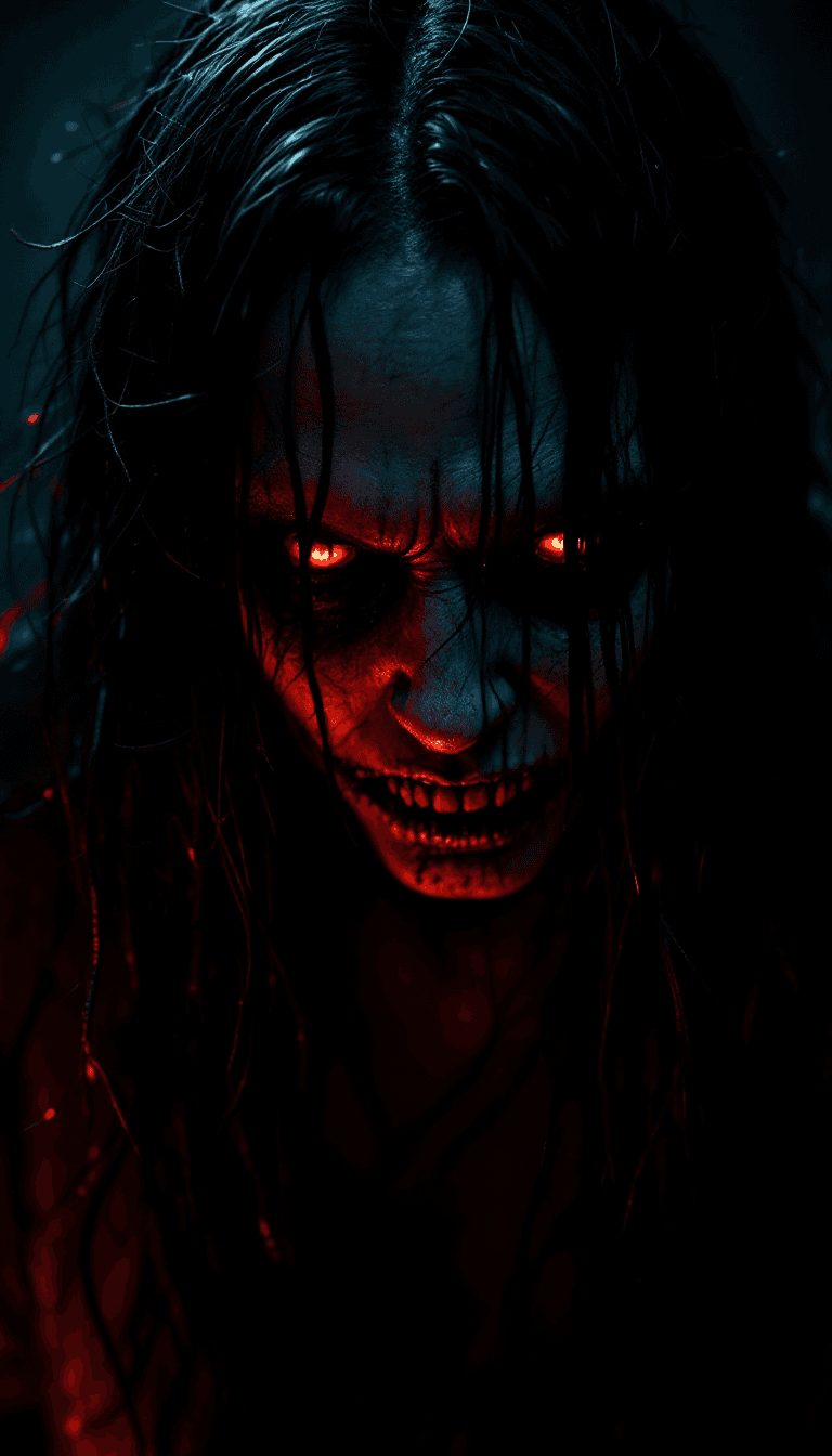 AI generated: in darkness, dark, alice madness, demon eyes, long mess hair, disfigured, brutal composition, scary ...