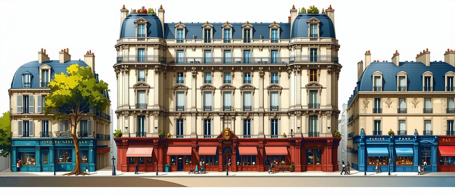 AI generated: ((Paris 1880)), hyperrealistic illustration in colours, a large residential building's facade, Secon...
