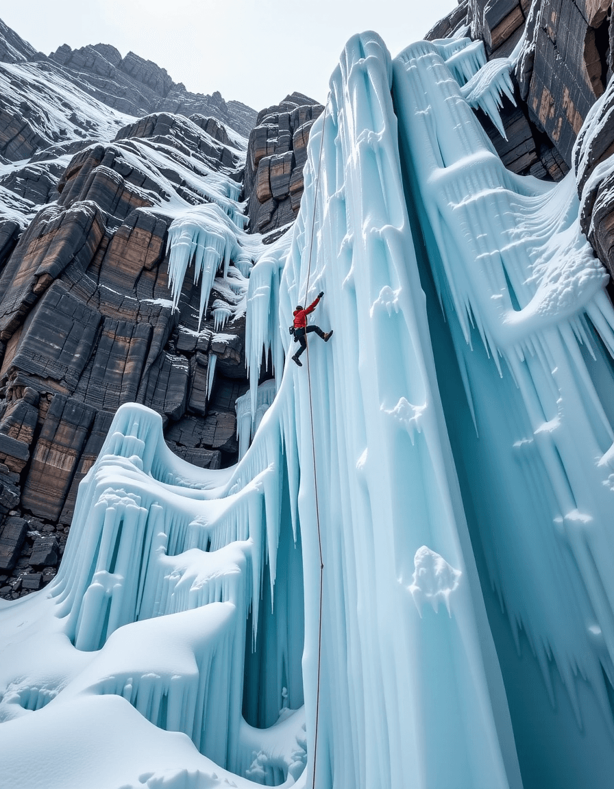 AI generated: "Man ice climbing a frozen waterfall, determination and skill, icy blue tones, challenging environme...
