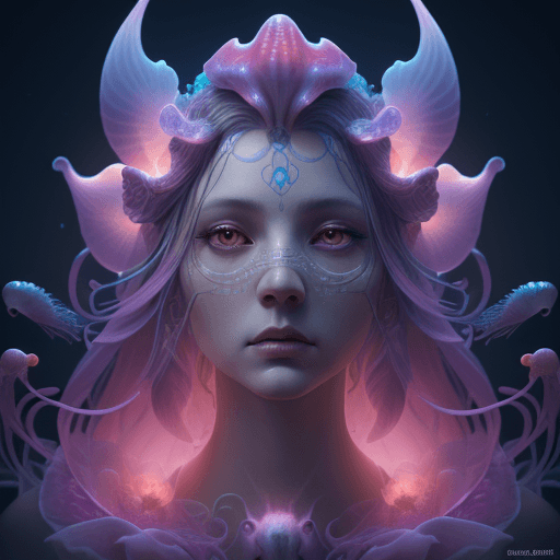 AI generated: Goddess close-up portrait ribcagel. jellyfish phoenix head, nautilus, orchid, skull, betta fish, bio...