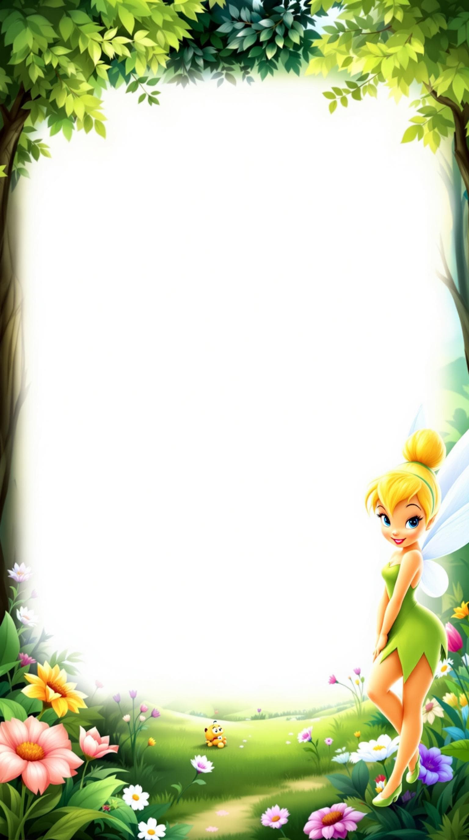 AI generated: birthday invitation, whatsapp format, tinkerbell theme, forest background with flowers, green, tinke...