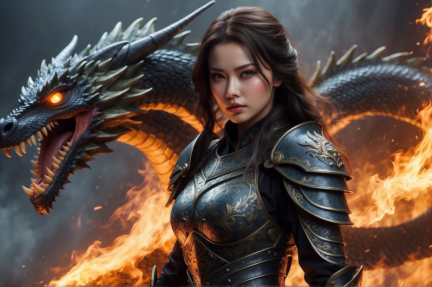AI generated: Realistic women with black scary armor, Holding fire Sword, human face, long hair, perfectly detaile...