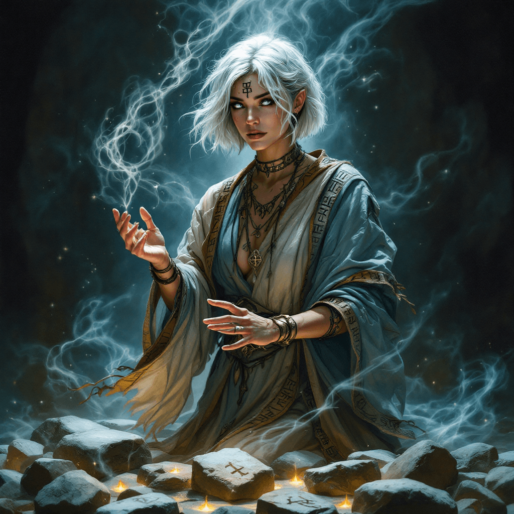 AI generated: The Rune Keeper of the Ancient Stones: A wise and powerful woman with short, vibrant white hair, sty...