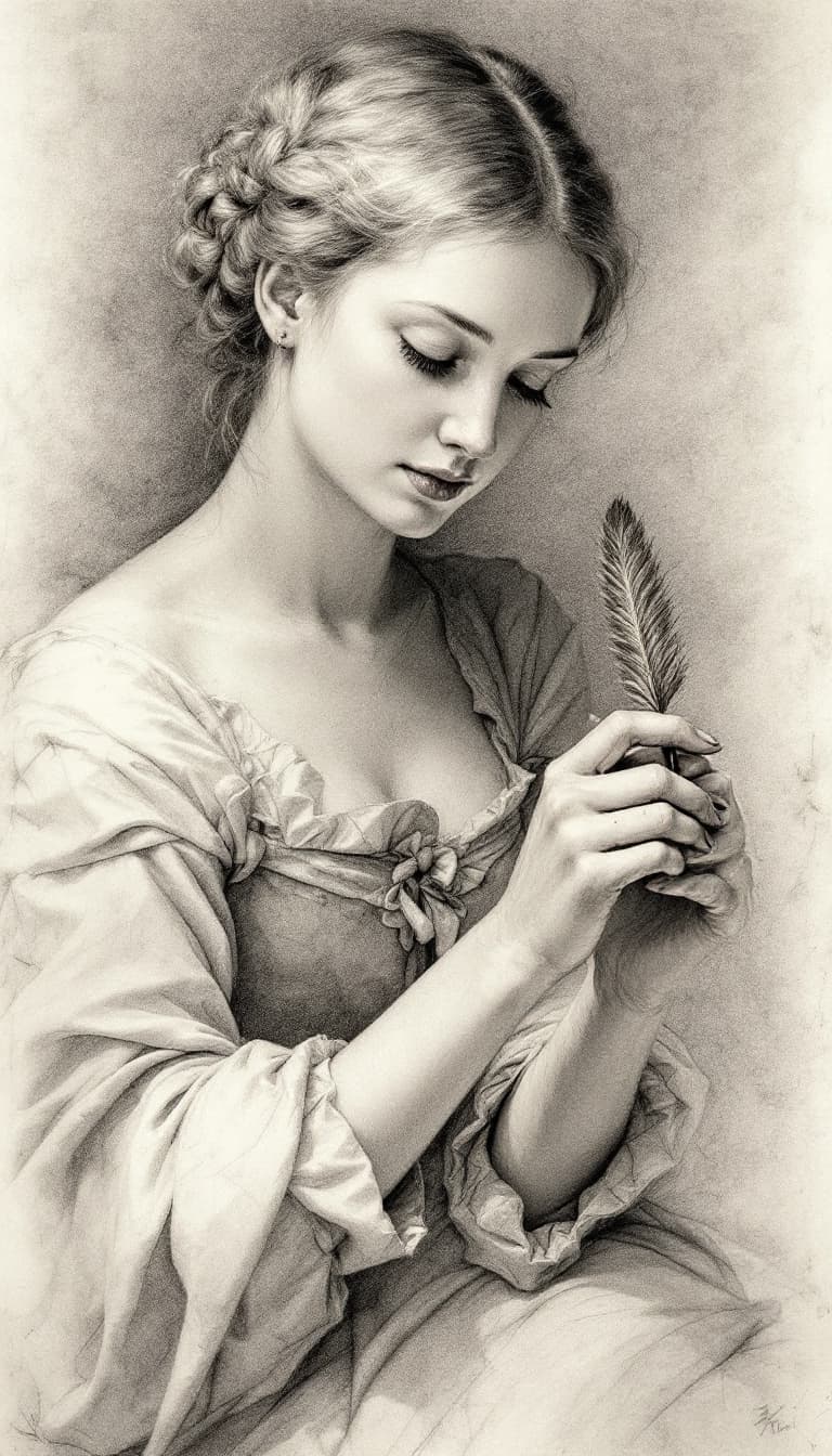 AI generated: Metalpoint Drawing, Fine Lines, Delicate Shading, Timeless, Woman Holding a Quill Writing, Elegant P...